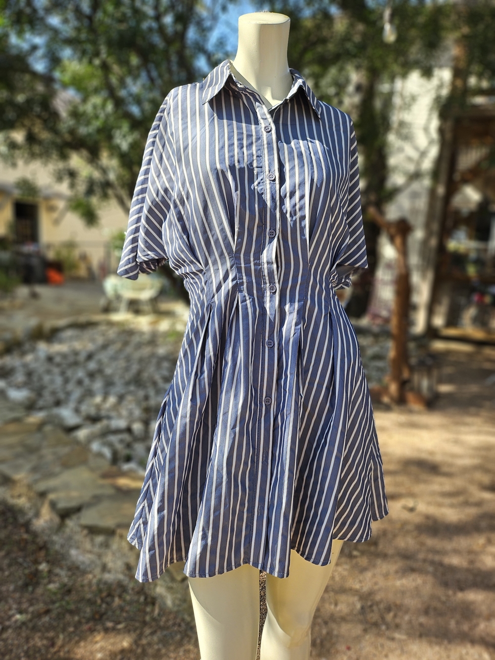 glam Blake Blue and White Striped Button-Front Tailored Mini Dress S